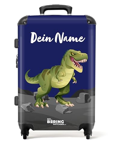 NoBoringSuitcases.com © Kinderkoffer Koffer Kinder Reisekoffer Kindergepäck 4 Rollen, TSA Schloss (Personalisiert: Grüner Dinosaurier mit dunkelblauem Hintergrund), (Mittelgroß 67x43x25 cm) von NoBoringSuitcases.com