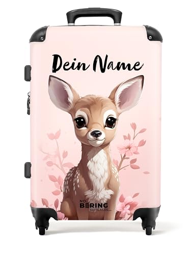 NoBoringSuitcases.com © Kinderkoffer Koffer Kinder Reisekoffer Kindergepäck 4 Rollen, TSA Schloss (Personalisiert: Junges Rehkitz mit rosa Hintergrund), (Mittelgroß 67x43x25 cm) von NoBoringSuitcases.com