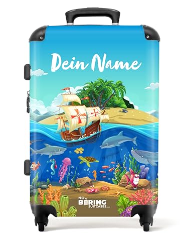 NoBoringSuitcases.com © Kinderkoffer Koffer Kinder Reisekoffer Kindergepäck 4 Rollen, TSA Schloss (Personalisiert: Piratenschiff im Meer voller Tiere und Pflanzen), (Mittelgroß 67x43x25 cm) von NoBoringSuitcases.com