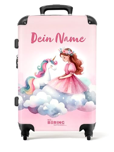 NoBoringSuitcases.com © Kinderkoffer Koffer Kinder Reisekoffer Kindergepäck 4 Rollen, TSA Schloss (Personalisiert: Rosa Prinzessin und Einhorn auf Einer Wolke), (Mittelgroß 67x43x25 cm) von NoBoringSuitcases.com