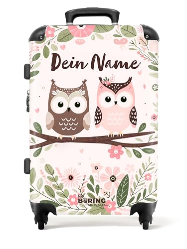 NoBoringSuitcases.com © Kinderkoffer Koffer Kinder Reisekoffer Kindergepäck 4 Rollen, TSA Schloss (Personalisiert: Rosa und braune Eule sitzen zusammen auf einem AST), (Mittelgroß 67x43x25 cm) von NoBoringSuitcases.com