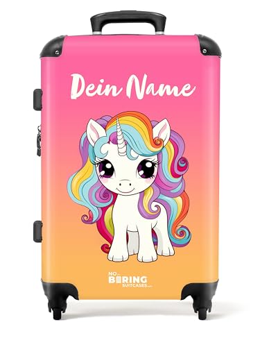 NoBoringSuitcases.com © Kinderkoffer Koffer Kinder Reisekoffer Kindergepäck 4 Rollen, TSA Schloss (Personalisiert: Weiße Einhornillustration mit farbenfroher Mähne), (Mittelgroß 67x43x25 cm) von NoBoringSuitcases.com