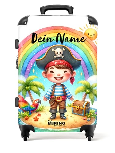 NoBoringSuitcases.com © Kinderkoffer Koffer Kinder Reisekoffer Kindergepäck 4 Rollen, TSA Schloss (Personalisiert: Zeichnung eines fröhlichen Piraten vor einem Regenbogen), (Mittelgroß 67x43x25 cm) von NoBoringSuitcases.com