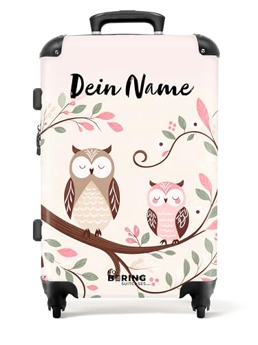 NoBoringSuitcases.com © Kinderkoffer Koffer Kinder Reisekoffer Kindergepäck 4 Rollen, TSA Schloss (Personalisiert: Zwei Eulen auf einem AST mit rosa und grünen Blättern), (Mittelgroß 67x43x25 cm) von NoBoringSuitcases.com