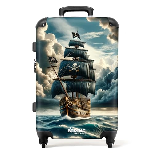 NoBoringSuitcases.com © Kinderkoffer Koffer Kinder Reisekoffer Kindergepäck 4 Rollen, TSA Schloss (Piratenschiff umgeben von dunklen Wolken), (Mittelgroß 67x43x25 cm) von NoBoringSuitcases.com