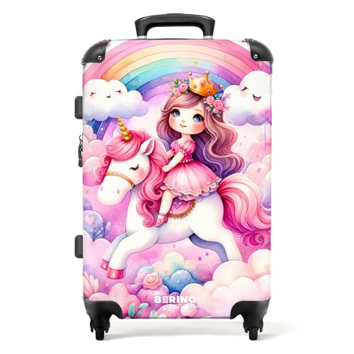 NoBoringSuitcases.com © Kinderkoffer Koffer Kinder Reisekoffer Kindergepäck 4 Rollen, TSA Schloss (Prinzessin und Einhorn mit Regenbogen und rosa Wolken), (Mittelgroß 67x43x25 cm) von NoBoringSuitcases.com