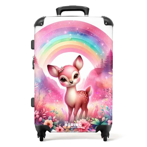 NoBoringSuitcases.com © Kinderkoffer Koffer Kinder Reisekoffer Kindergepäck 4 Rollen, TSA Schloss (Rehkitz in Einer rosa Märchenwelt mit Regenbogen), (Mittelgroß 67x43x25 cm) von NoBoringSuitcases.com