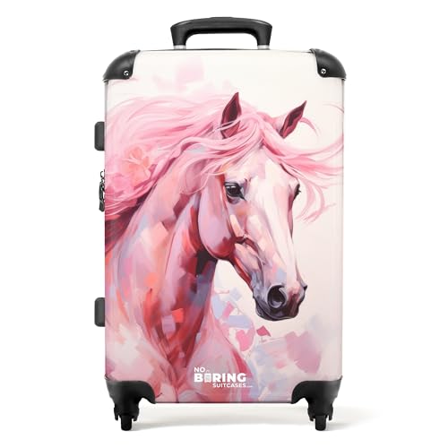 NoBoringSuitcases.com © Kinderkoffer Koffer Kinder Reisekoffer Kindergepäck 4 Rollen, TSA Schloss (Rosa Pferd als Aquarellillustration), (Mittelgroß 67x43x25 cm) von NoBoringSuitcases.com