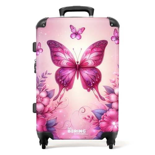 NoBoringSuitcases.com © Kinderkoffer Koffer Kinder Reisekoffer Kindergepäck 4 Rollen, TSA Schloss (Rosa Schmetterlinge zwischen rosa Blumen und Glitzer), (Mittelgroß 67x43x25 cm) von NoBoringSuitcases.com