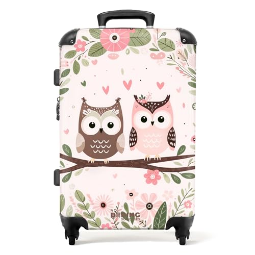 NoBoringSuitcases.com © Kinderkoffer Koffer Kinder Reisekoffer Kindergepäck 4 Rollen, TSA Schloss (Rosa und braune Eule sitzen zusammen auf einem AST), (Mittelgroß 67x43x25 cm) von NoBoringSuitcases.com