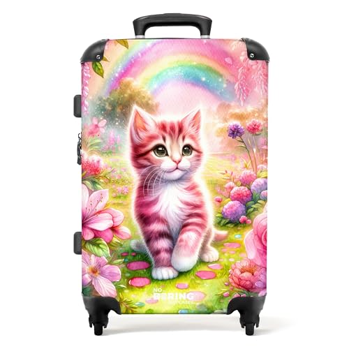 NoBoringSuitcases.com © Kinderkoffer Koffer Kinder Reisekoffer Kindergepäck 4 Rollen, TSA Schloss (Rosa-weißes Kätzchen umgeben von rosa Blumen), (Mittelgroß 67x43x25 cm) von NoBoringSuitcases.com