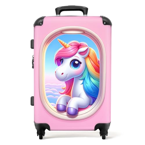 NoBoringSuitcases.com © Kinderkoffer Koffer Kinder Reisekoffer Kindergepäck 4 Rollen, TSA Schloss (Weiße Einhorn am rosa Flugzeugfenster), (Mittelgroß 67x43x25 cm) von NoBoringSuitcases.com