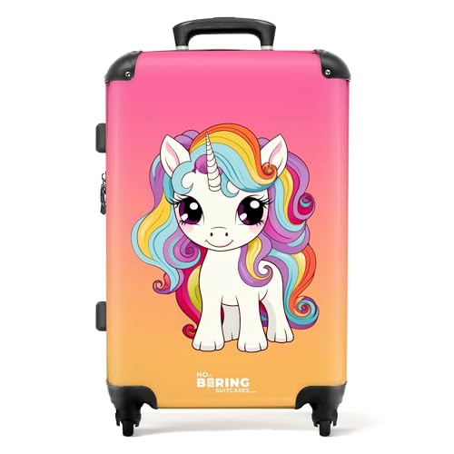 NoBoringSuitcases.com © Kinderkoffer Koffer Kinder Reisekoffer Kindergepäck 4 Rollen, TSA Schloss (Weiße Einhornillustration mit farbenfroher Mähne), (Mittelgroß 67x43x25 cm) von NoBoringSuitcases.com