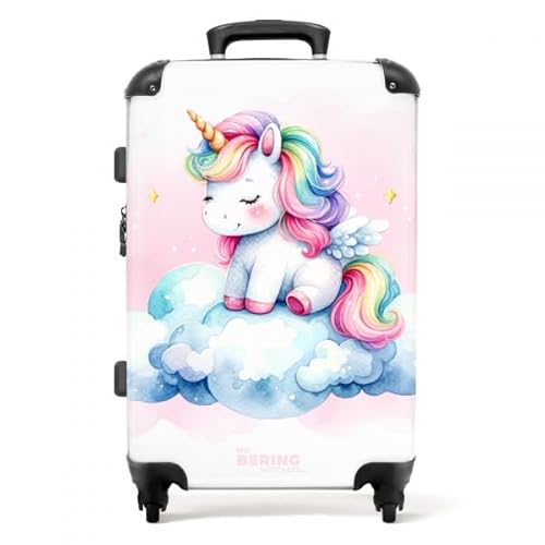 NoBoringSuitcases.com © Kinderkoffer Koffer Kinder Reisekoffer Kindergepäck 4 Rollen, TSA Schloss (Weißes Einhorn mit Regenbogenmähne auf Einer Wolke), (Mittelgroß 67x43x25 cm) von NoBoringSuitcases.com