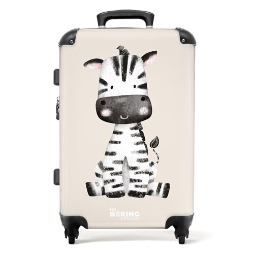 NoBoringSuitcases.com © Kinderkoffer Koffer Kinder Reisekoffer Kindergepäck 4 Rollen, TSA Schloss (Zebra Porträtzeichnung mit beige Hintergrund), (Mittelgroß 67x43x25 cm) von NoBoringSuitcases.com