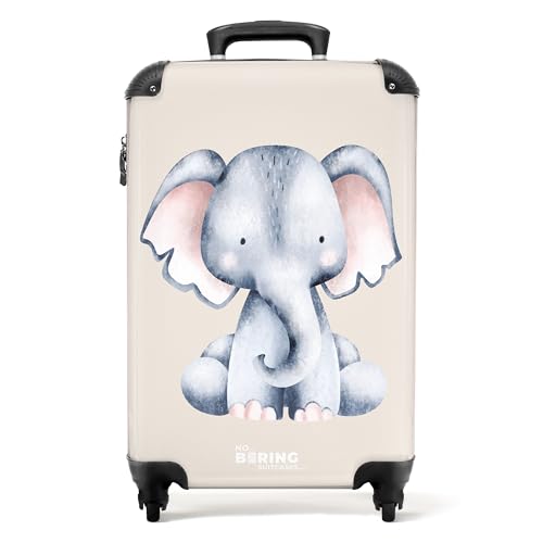 NoBoringSuitcases.com © Kinderkoffer Reisekoffer Koffer Kinder Kindergepäck in Handgepäck-Mittelgroß in 14 Bildern (Elefantzeichnung vor beige Hintergrund, 55x40x20 cm) von NoBoringSuitcases.com