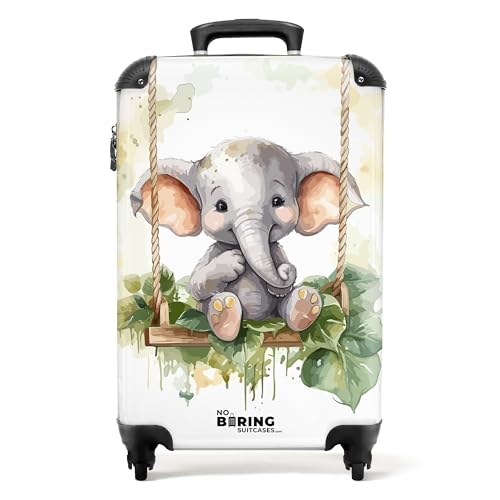 NoBoringSuitcases.com © Kinderkoffer Reisekoffer Koffer Kinder Kindergepäck in Handgepäck-Mittelgroß in 14 Bildern (Junges Elefantenbaby auf Einer Schaukel Aquarellzeichnung, 55x40x20 cm) von NoBoringSuitcases.com