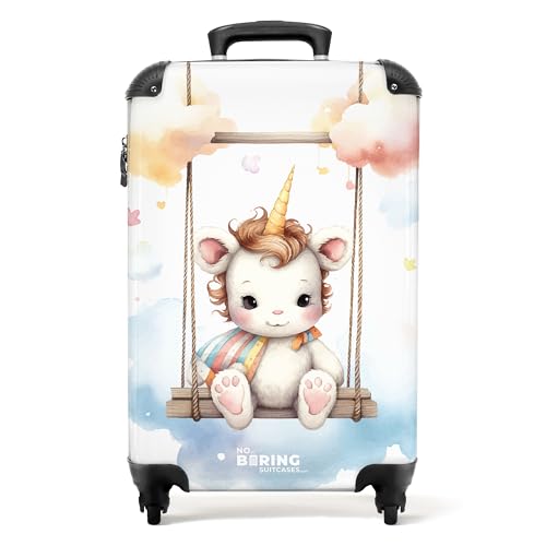 NoBoringSuitcases.com © Kinderkoffer Reisekoffer Koffer Kinder Kindergepäck in Handgepäck-Mittelgroß in 14 Bildern (Weißes Babyeinhorn auf Einer Schaukel in den Wolken, 55x40x20 cm) von NoBoringSuitcases.com