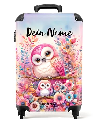 NoBoringSuitcases.com Kinderkoffer, Kinderkoffer Mädchen, Koffer Kinder, Kinder Reisekoffer, Kindertrolley Mädchen, Trolley Handgepäck, Reisekoffer Personalisiert, 55x40x20 cm (Eulen, Blumen - Rosa) von NoBoringSuitcases.com