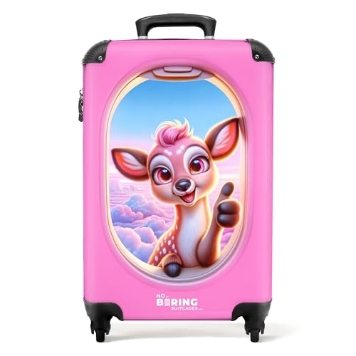 NoBoringSuitcases.com © Kinderkoffer Reisekoffer Koffer Kinder Kindergepäck in Handgepäck-Mittelgroß in 24 Bildern (Fröhliches junges Rehkitz sichtbar im Flugzeugfenster, 55x40x20 cm) von NoBoringSuitcases.com