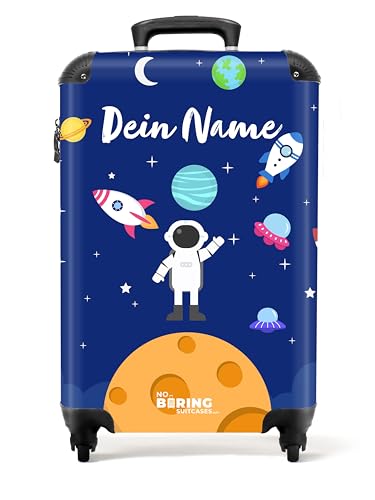 NoBoringSuitcases.com © Kinderkoffer Reisekoffer Koffer Kinder Kindergepäck in Handgepäck-Mittelgroß in 24 Bildern (Personalisiert: Astronaut umgeben von Planeten und Raketen, 55x40x20 cm) von NoBoringSuitcases.com