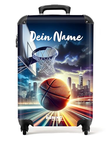 NoBoringSuitcases.com © Kinderkoffer Reisekoffer Koffer Kinder Kindergepäck in Handgepäck-Mittelgroß in 24 Bildern (Personalisiert: Detaillierter Basketball vor Skyline, 55x40x20 cm) von NoBoringSuitcases.com