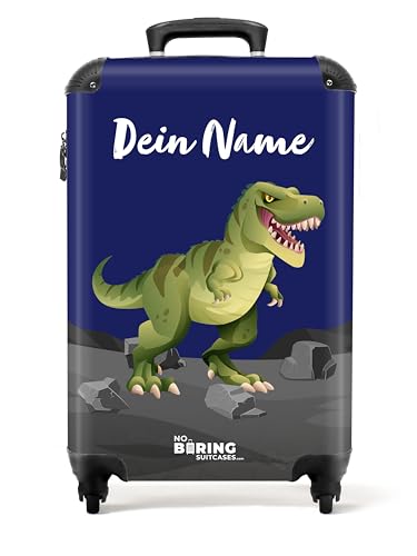 NoBoringSuitcases.com Kinderkoffer, Reisekoffer Personalisiert, Kinderkoffer Jungen, Koffer Kinder, Kinder Reisekoffer, Kindertrolley Jungen, Handgepäck Koffer 55x40x20 cm (T-Rex - Dunkelblau) von NoBoringSuitcases.com