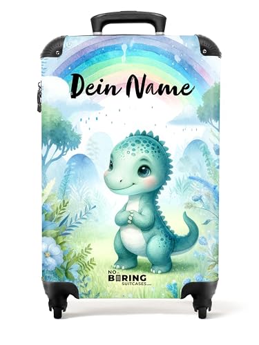 NoBoringSuitcases.com © Kinderkoffer Reisekoffer Koffer Kinder Kindergepäck in Handgepäck-Mittelgroß in 24 Bildern (Personalisiert: Niedlicher Blauer Dino umgeben von Blauer Natur, 55x40x20 cm) von NoBoringSuitcases.com