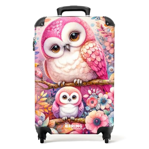 NoBoringSuitcases.com © Kinderkoffer Reisekoffer Koffer Kinder Kindergepäck in Handgepäck-Mittelgroß in 24 Bildern (Zwei rosa Eulen umgeben von bunten Blumen, 55x40x20 cm) von NoBoringSuitcases.com