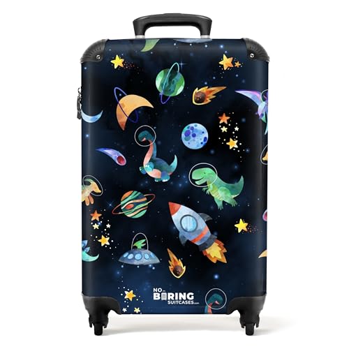 NoBoringSuitcases.com © Kinderkoffer Reisekoffer Koffer Kinder Kindergepäck in Handgepäck-Mittelgroß in 28 Bildern (Bunte Zeichnung von Dinos, UFOs und Sternen, 55x40x20 cm) von NoBoringSuitcases.com