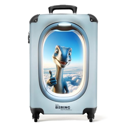 NoBoringSuitcases.com © Kinderkoffer Reisekoffer Koffer Kinder Kindergepäck in Handgepäck-Mittelgroß in 28 Bildern (Durchblick mit blauem Dino, der einen Daumen hochhält, 55x40x20 cm) von NoBoringSuitcases.com