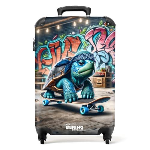 NoBoringSuitcases.com © Kinderkoffer Reisekoffer Koffer Kinder Kindergepäck in Handgepäck-Mittelgroß in 28 Bildern (Grünblaue Schildkröte auf einem Skateboard, 55x40x20 cm) von NoBoringSuitcases.com