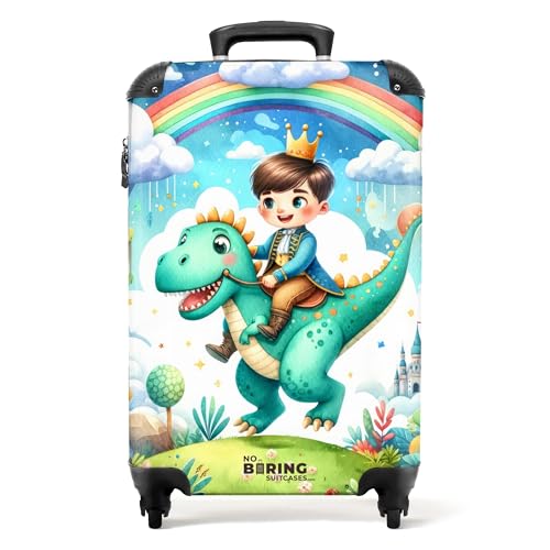 NoBoringSuitcases.com © Kinderkoffer Reisekoffer Koffer Kinder Kindergepäck in Handgepäck-Mittelgroß in 28 Bildern (Prinz mit Krone auf einem grünen Dino, 55x40x20 cm) von NoBoringSuitcases.com