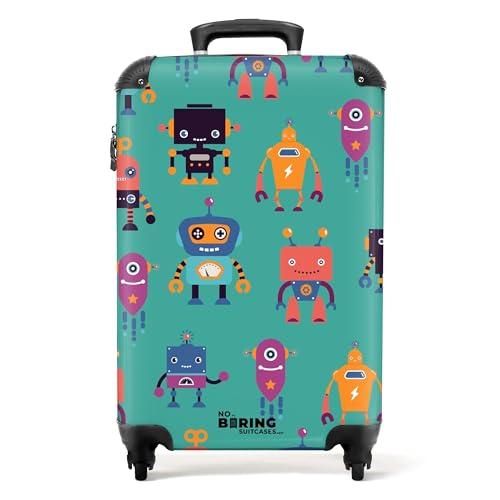 NoBoringSuitcases.com © Kinderkoffer Reisekoffer Koffer Kinder Kindergepäck in Handgepäck-Mittelgroß in 28 Bildern (Roboter in fröhlichen Farben auf grünem Hintergrund, 55x40x20 cm) von NoBoringSuitcases.com