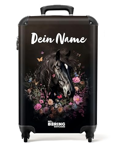 NoBoringSuitcases.com Kinderkoffer, Koffer Personalisiert, Koffer Mädchen, Koffer Kinder Mädchen, Reisetasche Mit Rollen, Reisekoffer, Handgepäck Koffer 55x40x20 cm (Pferdekopf, Blumen - Schwarz) von NoBoringSuitcases.com