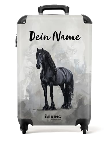 NoBoringSuitcases.com Kinderkoffer, Hartschalenkoffer, Kindertrolley Mädchen, Handgepäck 55x40x20 cm (Schwarzes Pferd - Grau) von NoBoringSuitcases.com