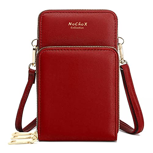 NoChoX Damen Umhängetasche - Handytasche Zum Umhängen, RFID Damen Geldbörse veganem Kunstleder, Crossbody tasche mit Kartenfächern Verstellbarem Schultergurt, für Handy unter 7 Zoll, Rot von NoChoX