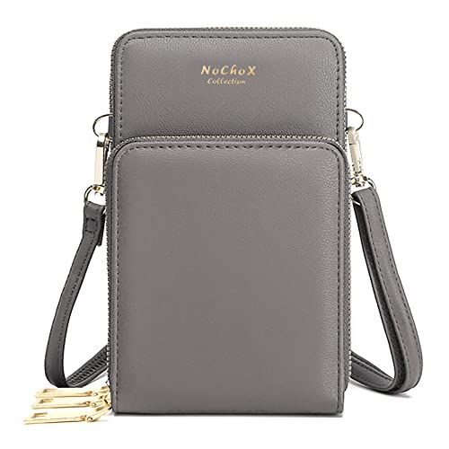 NoChoX Damen Umhängetasche - Handytasche Zum Umhängen, RFID Damen Geldbörse veganem Kunstleder, Crossbody tasche mit Kartenfächern Verstellbarem Schultergurt, für Handy unter 7 Zoll, Grau von NoChoX