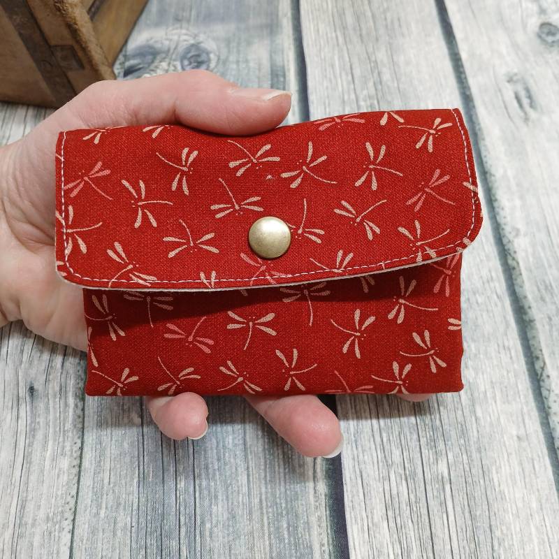 Mini Geldbörse, Hosentaschen Portmonee, Kleiner Geldbeutel, Libellen Rot Bordeaux Beige von NoMasNaehwerke