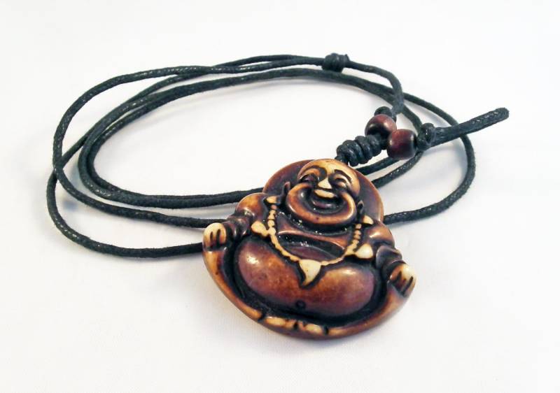 Bz00C Halskette Glücklich Buddha Anhänger Lächelnd Yoga Braun Kokos/Lächeln Wohlstand Während Wachs Schnur von NoMercyMaking