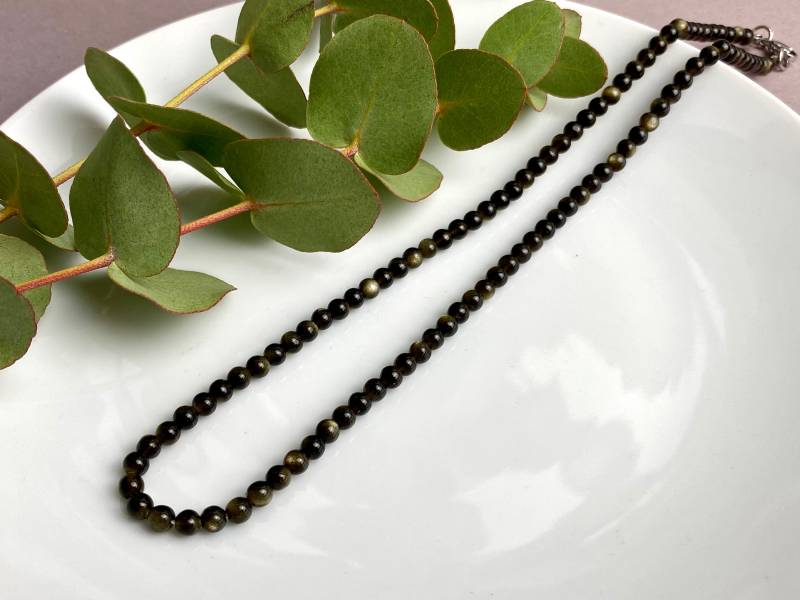 Kette Halskette Goldobsidian Schwarz Grau Grün Dunkelgrün Obsidian | Edelstein Herbst Winter| Steinkette Geschenkidee| Silber 45cm Elegant von NoNameNeededHandmade