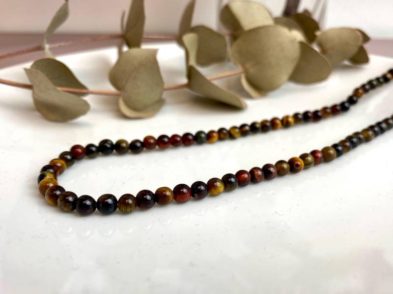 Kette Halskette Tigerauge Braun Hellbraun Rot Grün 4mm | Herbst Winter Trendfarbe Geschenkidee Steinkette Edelsteinkette Silber 45cm von NoNameNeededHandmade