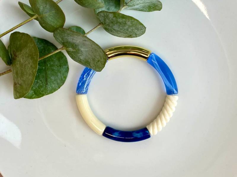 Kunststoffarmreifen Blau Weiss Gold 90Er Y2K Retro Schmuck Röhren Armband Acrylperlen Sommer Accessoire Armreif Candy Tube Farbig von NoNameNeededHandmade