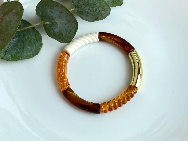 Kunststoffarmreifen Braun Topaz Caramell Beige Gold 90Er Y2K Retro Röhren Armband Acrylperlen Sommer Elastisch Armreifen Candy Neon Tube von NoNameNeededHandmade