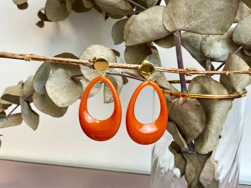 Ohrringe Acryl Resin Kunstharz Tropfen Barock Orange Gold Rot Sommer Strand Besonders Geschenkidee Eleganter Ohrring Sommerfarbe Trendfarbe von NoNameNeededHandmade