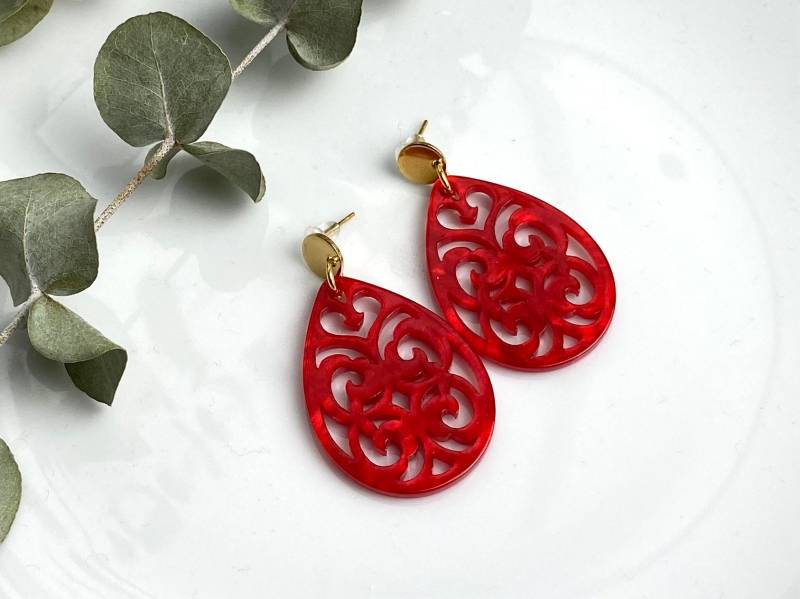 Ohrringe Creole Resin Kunstharz Tropfen Barock Harz | Rot Kirschrot Feuerrot Knallrot Blutrot Gold Silber Acryl Sommer Leuchtend Strand von NoNameNeededHandmade