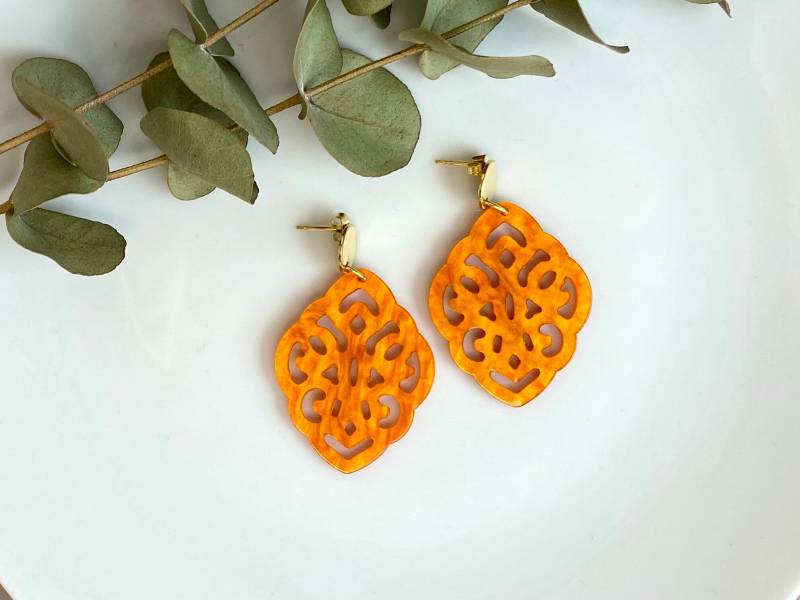 Ohrringe Creole Resin Kunstharz Tropfen Barock |Orange Mandarine Silber Gold Statement| Acryl Acetat Sommer Leuchtend Strand Geschenkidee von NoNameNeededHandmade