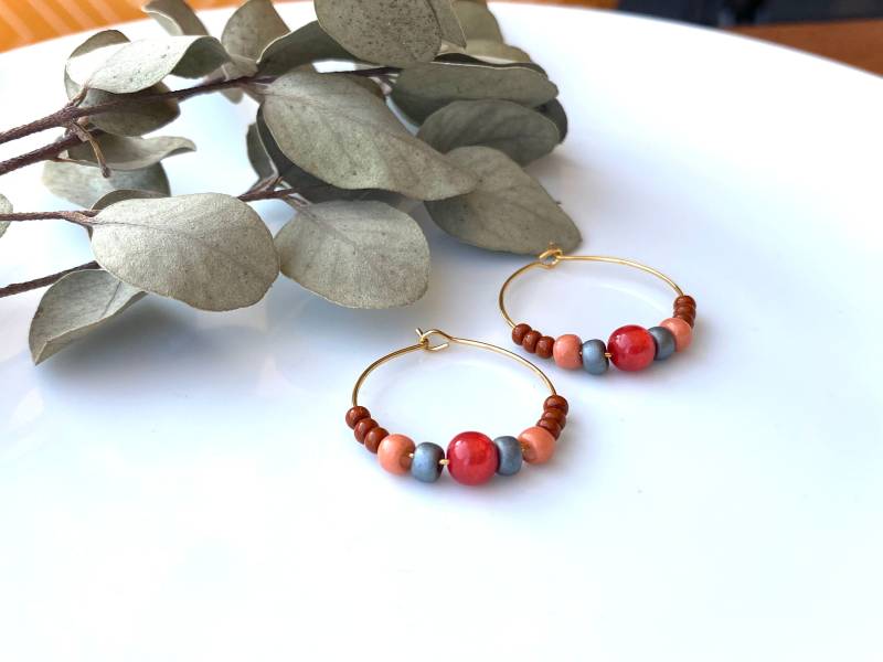 Ohrringe Creolen Glasperlen| Gold Orange Rot Anthrazit Grau Cognac Braun| 25mm | Edelstahl Vergoldet Herbstfarben von NoNameNeededHandmade