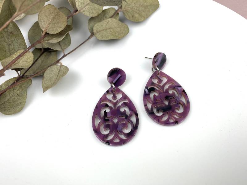 Ohrringe Resin Kunstharz Tropfen Barock Handgemacht || Lila Purple Violett | Statement| Auffallend Resin| Acetat| Acryl Sommer Leuchtend von NoNameNeededHandmade