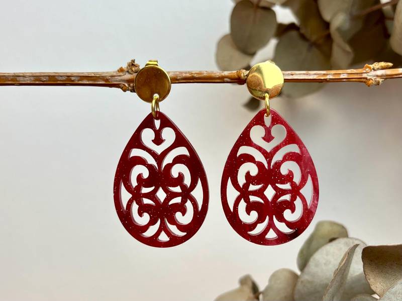 Ohrringe Rot Gold Himbeerrot Dunkelrot Resin Kunstharz Tropfen Barock Harz Silber Acryl Creole Herbstfarbe Trendfarbe Weihnachtlich von NoNameNeededHandmade